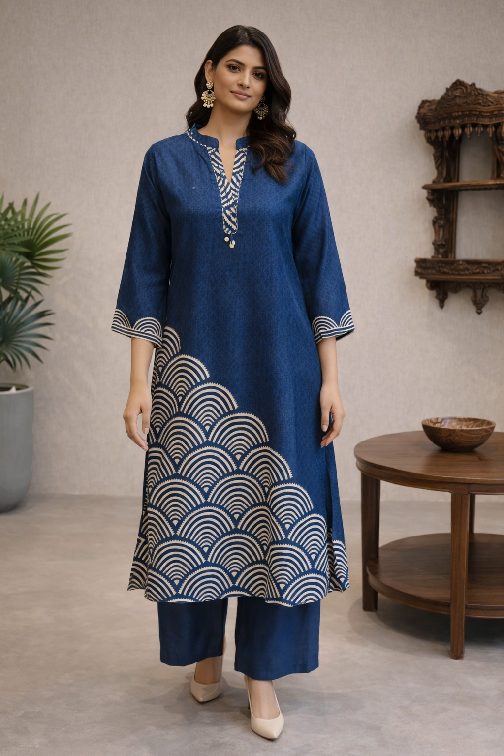 Indigo Blue Printed Silk Kurta Pant Set with Dupatta